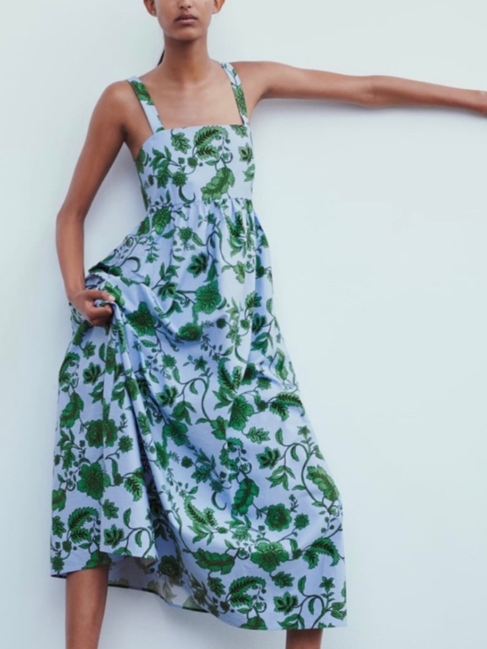 Zara Light Blue Midi Dress with Green Floral Print